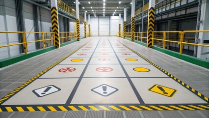 A spacious industrial area featuring a marked floor with safety symbols and bright yellow caution barriers.
