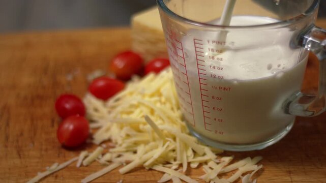 Pouring fresh milk into a measuring jug with grated cheese