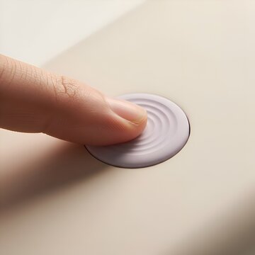 Macro shot of finger touching round tactile sensor with ripple texture