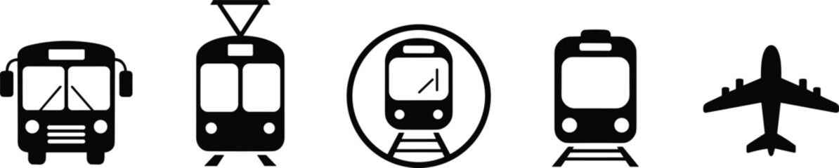Transport icons bus tram metro train airplane silhouettes vector collection public transit vehicle set black symbols illustration