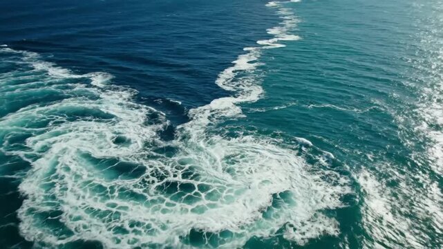 Aerial view of ocean meeting, showcasing the visual contrast between two different bodies of water with turquoise and dark blue hues
