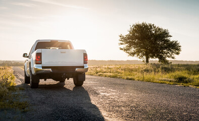 White pickup truck on a countryside paved road in late afternoon. Rear view of stationary white truck against the sun, lone tree on the right. © andrbk