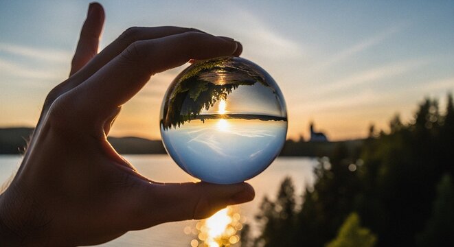 Inverted lakeside reflection hand holding crystal sphere photography sunset view