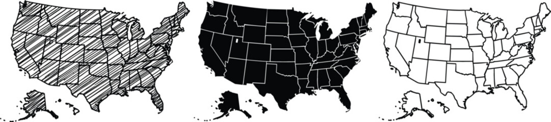 United States Map Collection with State Borders Silhouette Outline Vector Illustration Set