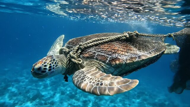 Sea turtle entangled in rope swims underwater
