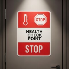 Red Health Check Point Signage: Thermometer And Stop Symbols For Safety Protocols