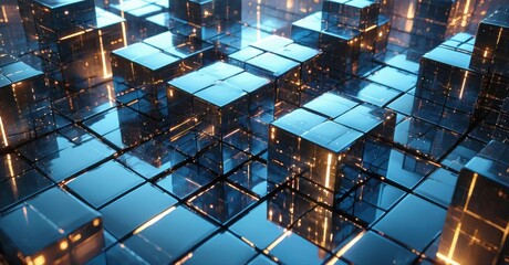 Fototapeta premium Abstract grid, luminous cubes reflect light. Dark background emphasizes glowing geometric shapes, creating futuristic scene.