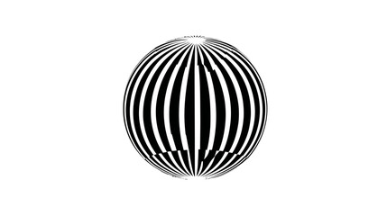 Black and white elliptical form with vertical stripes, surrounded by white space