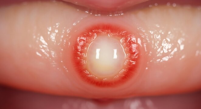 Close Up Medical Macro of Mouth Ulcer with Clinical Lighting