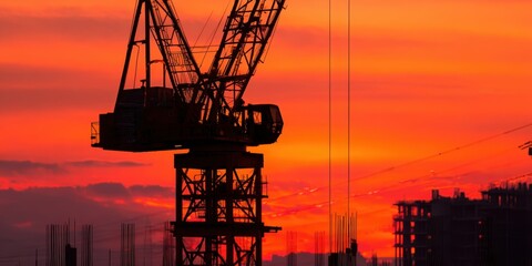 The Crane Silhouette Over Urban Construction Site Against Vibrant Orange Sunset Sky