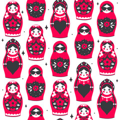 Seamless pattern with nesting dolls with various decorations. Vector graphics.