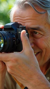 Elderly man with gray hair holding a camera and looking through the viewfinder