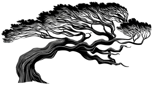 A stark, black and white illustration of a contorted tree against a white backdrop