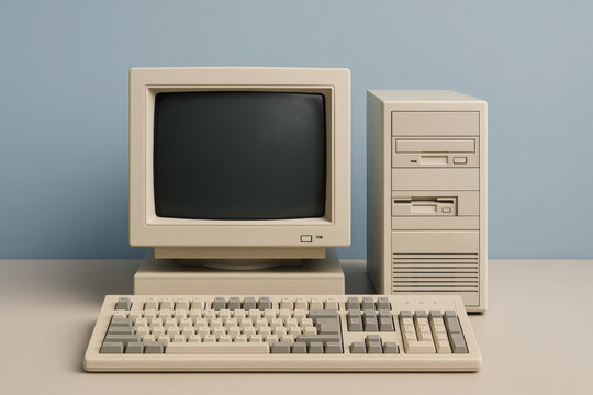 Vintage beige desktop computer with CRT monitor, floppy drives, and mechanical keyboard on neutral desk surface, retro technology concept display scene. Ai generative