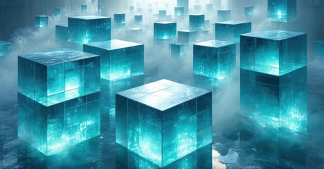 Obraz premium Glowing blue cubes float amid misty darkness. Geometric shapes create surreal, futuristic landscape. Light emanates from within structures.