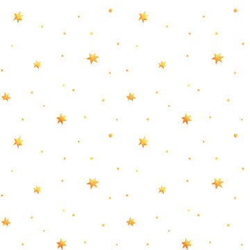 Seamless watercolor star pattern. Hand drawn golden stars and dots on light background. Cute festive celestial design for fabric and wrapping. Cozy illustration.