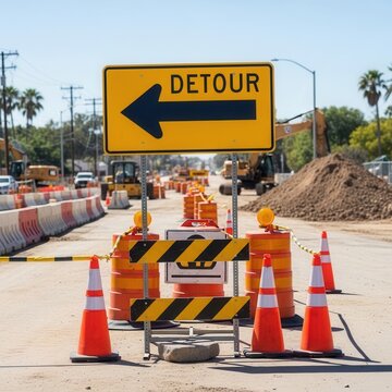 Road Construction Ahead: Detour Sign Directing Traffic on a Busy Street with Equipment Present