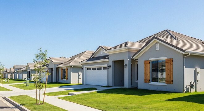 Vertical wood plank shutters single story stucco tract house community architecture
