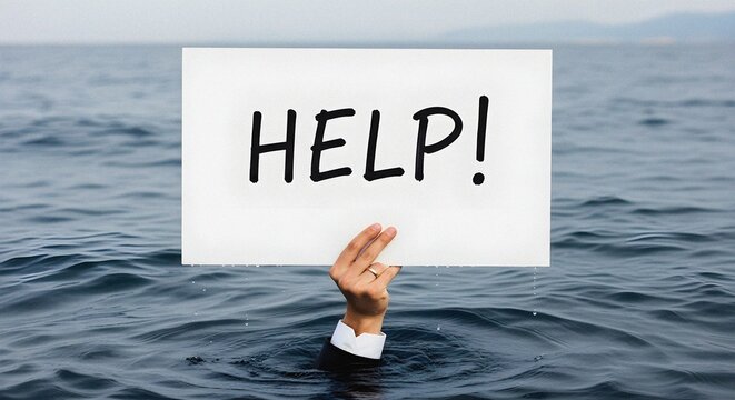 Suited hand wedding ring drowning man holding help sign urgent crisis financial business concept