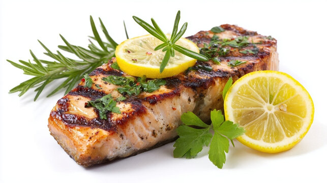 Grilled salmon fillet with lemon and herbs.