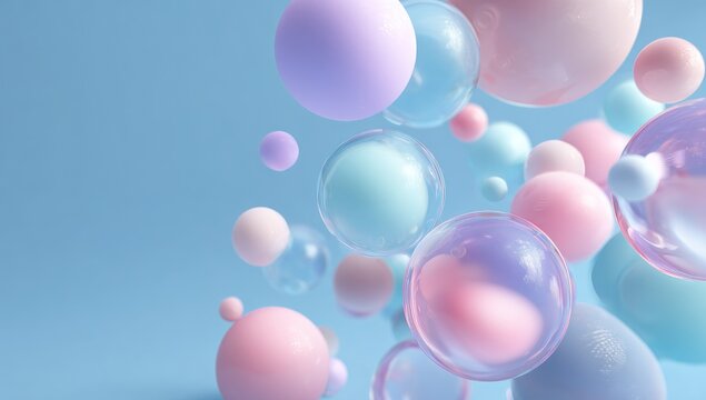 Pastel-colored spheres of varying sizes and transparency float against a light blue background, creating a dreamy, ethereal effect