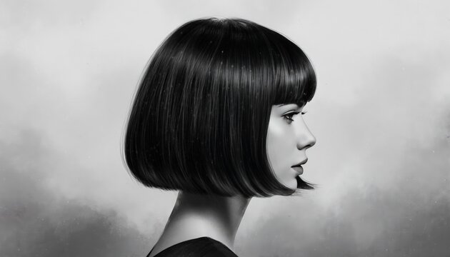 Monochrome Side Profile Portrait of Young Woman with Blunt Bob Haircut