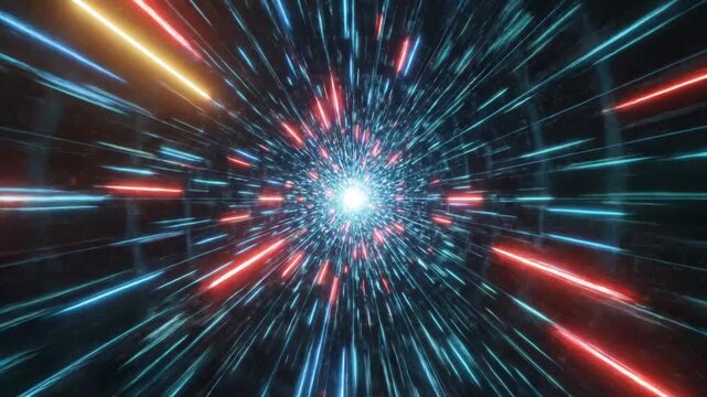 Dynamic red and blue light speed trails in an abstract digital tunnel