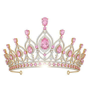 Pink tiara with sparkling gems and gold accents isolated on transparent background