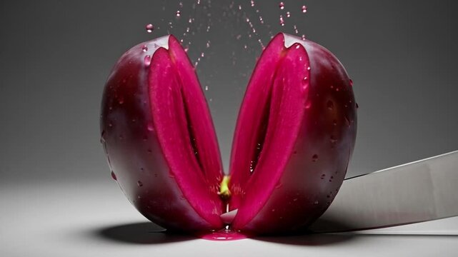 A deep red plum, glistening with water droplets, is dramatically sliced in half by a sharp silver knife, with juice splashing upwards, against a gradient grey background, showcasing the vibrant