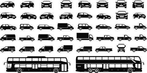 vehicles, silhouettes, icons, transportation, cars, trucks, buses, vector, illustration, black, collection, set, automotive, transport, mobility, minimal, design, graphic, symbols, pack