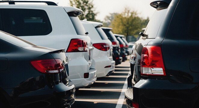 Alternating black white luxury SUV lineup rear view tight parallel parking crowded event vehicles transportation automotive industry background