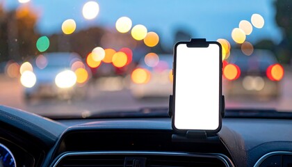 Smartphone Mounted on Car Dashboard at Night.