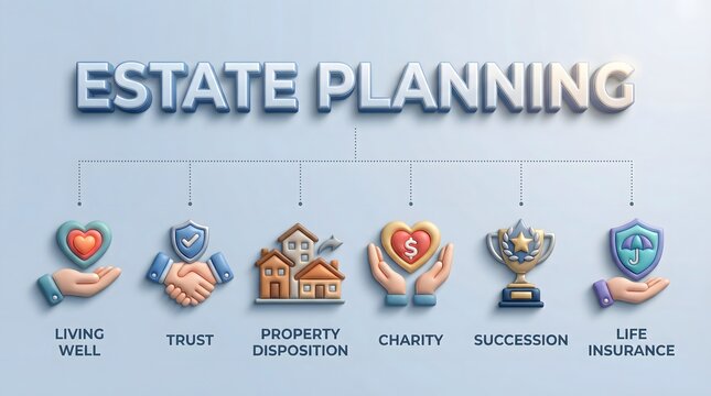 Estate planning concept with icons and keywords