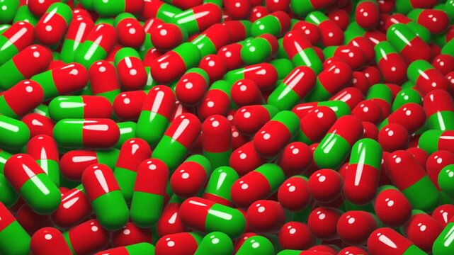 3D animation of pharmaceutical capsules and medicine pills in production process. Perfect for healthcare advertising, medical education, and drug manufacturing videos. 4K quality.
