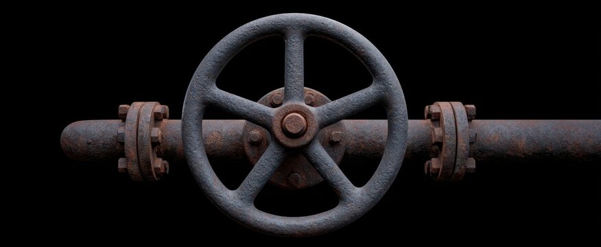 Rusty valve wheel evokes nostalgia on weathered industrial steam pipe with grunge texture.