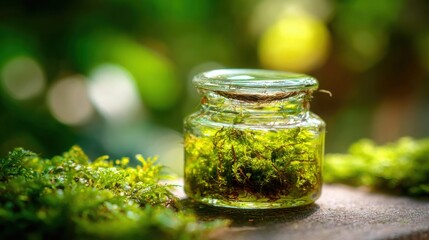 A Vibrant Small Glass Terrarium Housing Lush Green Mosses and Plants, Offering a Miniature Nature Scene