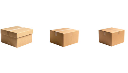 Open and closed brown cardboard boxes, and empty cardboard boxes for shipping or sorting, are displayed against a white background