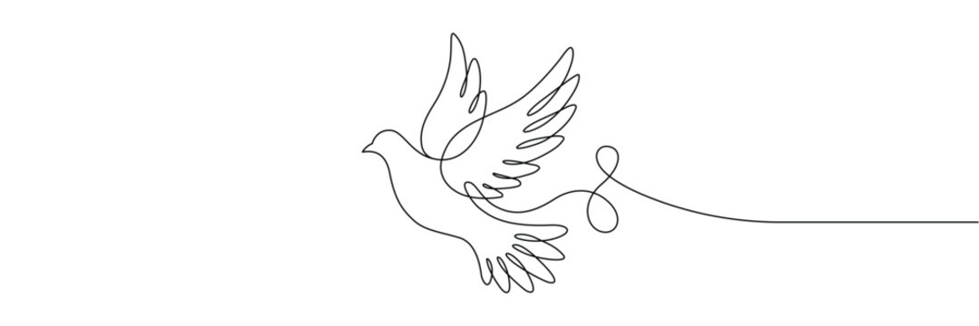 Continuous one line drawing of a flying dove bird symbol of peace and freedom. Editable stroke outline. Draw thin linear width. Single contour art. Doodle hand drawn vector illustration