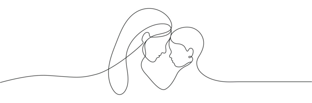 Continuous one line drawing of mother and child touching foreheads in a minimalist style for family. Editable stroke. Draw thin linear width. Single contour art. Doodle hand drawn vector illustration