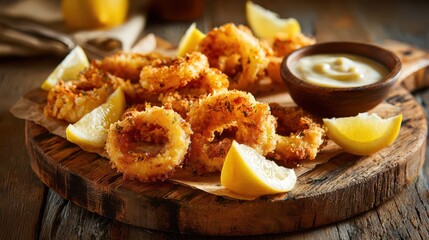 Crispy fried calamari appetizer on a wooden tray with lemon wedges
