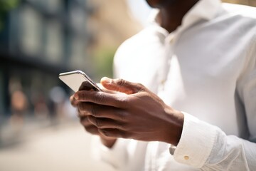 Cropped urban scene: man in white shirt using a smartphone for social networking outdoors