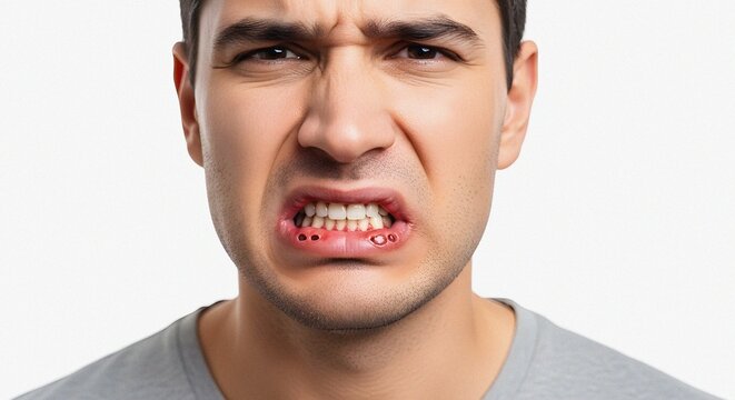 Multiple aphthous ulcers frustrated painful expression lower lip dermatology health medical condition isolated portrait