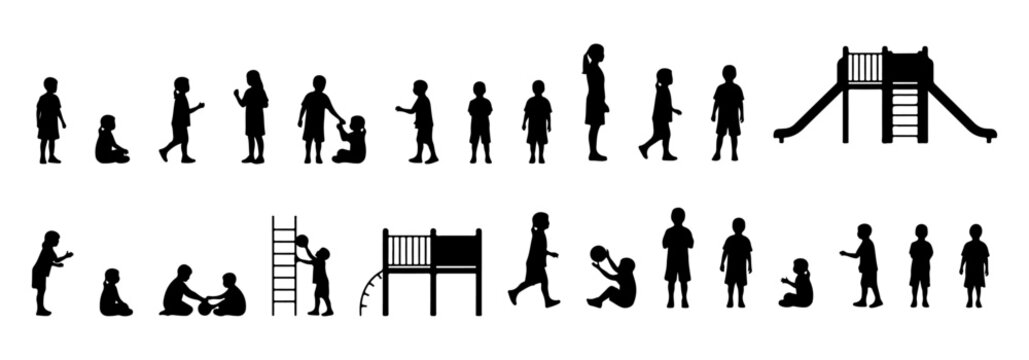 Architectural people silhouette vector children playground activity. running, playing ball, sitting on ground, climbing, standing in group. side, front, and top views. Vector