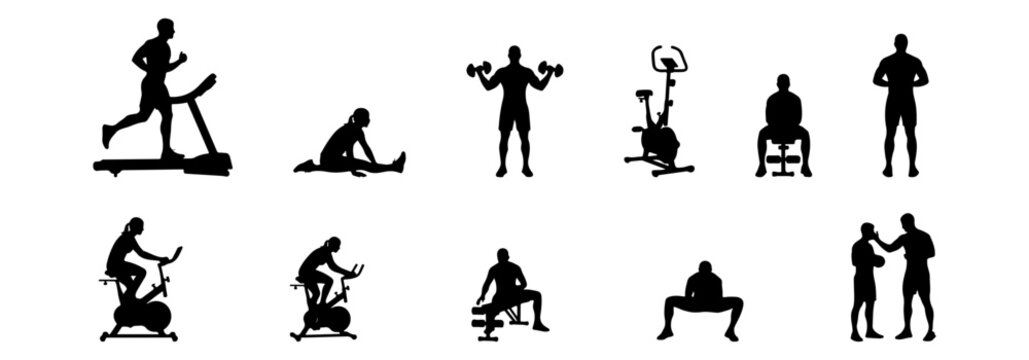 Architectural people silhouette vector gym activity. running on treadmill, lifting dumbbells, stretching, cycling on exercise bike, sitting resting. side, front, and top views. Vector