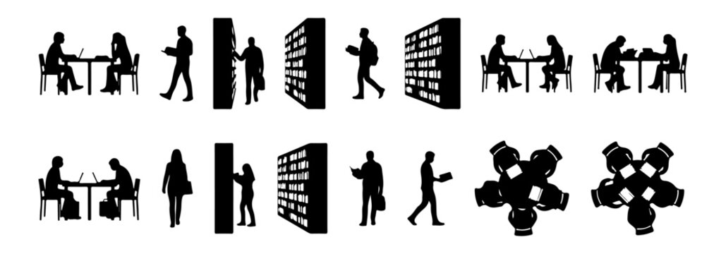 Architectural people silhouette vector library activity. sitting reading at table, standing browsing bookshelf, walking with books, studying with laptop. side, front, and top views. Vector