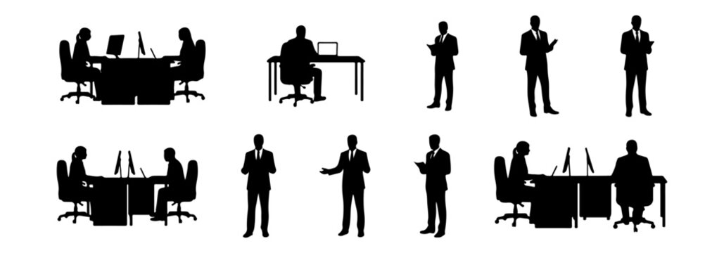 Architectural people silhouette vector office work activity. sitting at computer desk, typing on laptop, standing presentation. elevations, and floor plans with side, front, and top views. Vector