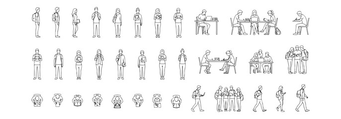 Fototapeta premium Architectural scale figures of students reading, writing, and collaborating in academic settings – side, front, top, and slide views. Vector