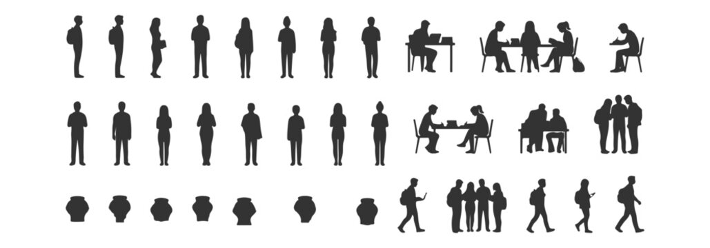 Architectural scale figures of students silhouette reading, writing, and collaborating in academic settings &ndash; side, front, top, and slide views. Vector