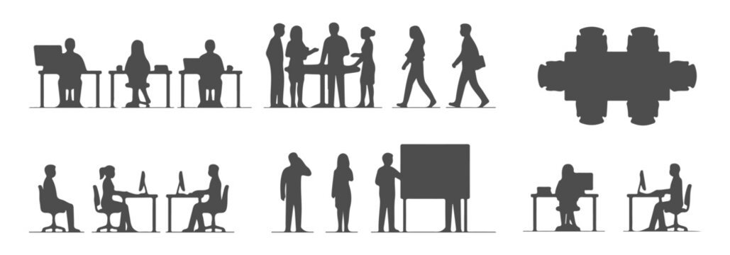 Office workers silhouette vector for architectural plans and elevations, side front top view, sitting at desk computer meeting table talking on phone standing presentation walking with files. Vector