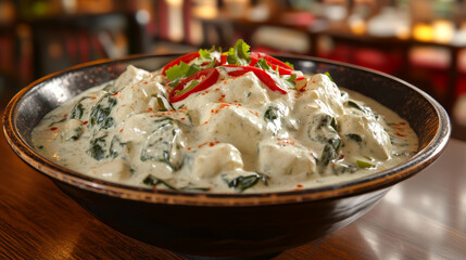 Palak Paneer with Creamy Spinach Gravy in a Bowl